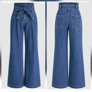 Cider High Waist Solid Bowknot Belt Wide Leg Jeans Size L